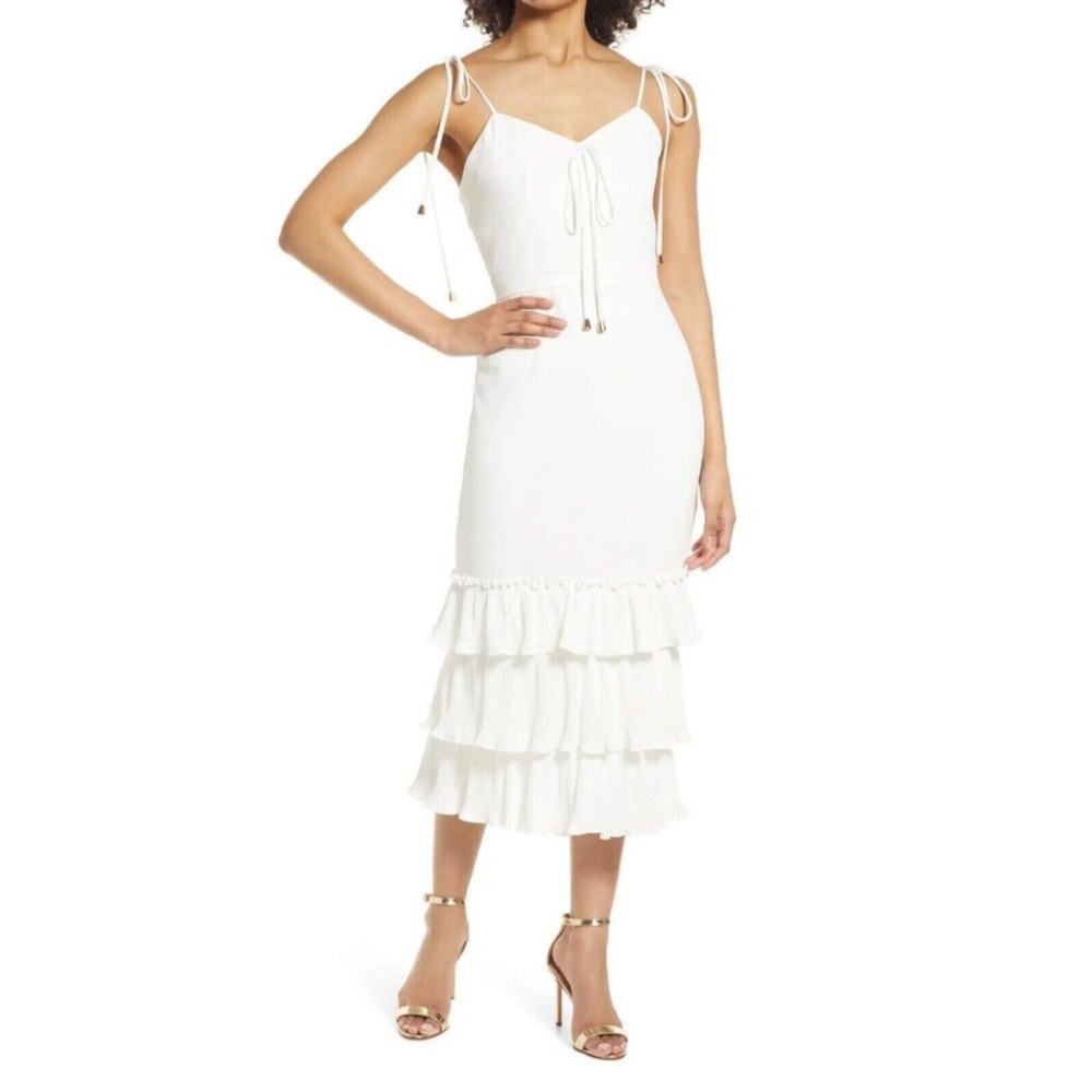 Elle Zeitoune - white tie strap midi ruffled kick-pleat party dress - Small